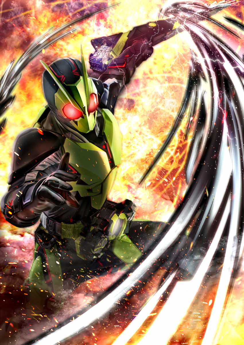 1boy, attache_calibur, attack, black_gloves, bug, driver_(kamen_rider), explosion, finishing_move