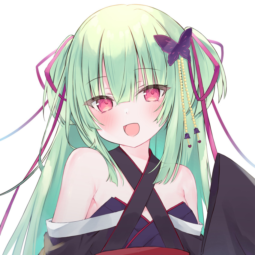 1girl, :d, armpit_crease, bare_shoulders, bell, black_kimono, blunt_bangs, blush