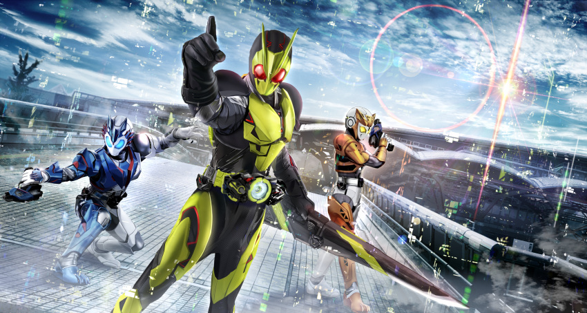 1girl, 2boys, asymmetrical_legwear, attache_calibur, black_bodysuit, blue_armor, blue_eyes, bodysuit, city, cityscape, flare, grey_bodysuit, gun, highres, holding, holding_gun, holding_sword, holding_weapon, kamen_rider, kamen_rider_(1st_series), kamen_rider_valkyrie, kamen_rider_vulcan, kamen_rider_zero-one, lens_flare, masukudo_(hamamoto_hikaru), mismatched_legwear, multiple_boys, orange_armor, pointing, red_eyes, rushing_cheetah, shooting_wolf, shot_riser, sword, tokusatsu, weapon, white_armor, yellow_eyes, zero_one_driver