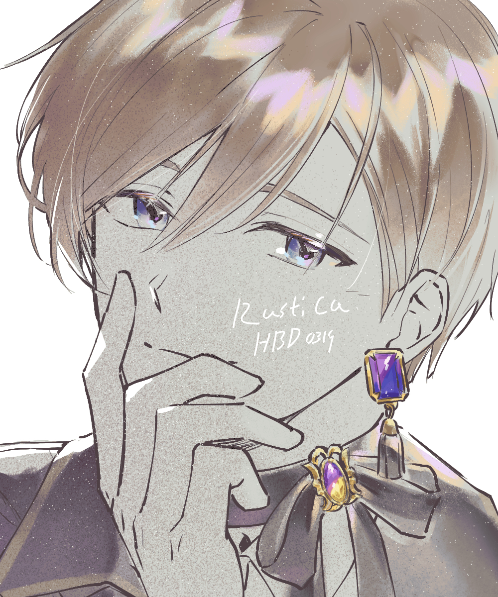 1boy, black_jacket, black_ribbon, blue_eyes, blush, character_name, closed_mouth, cnzatsu8