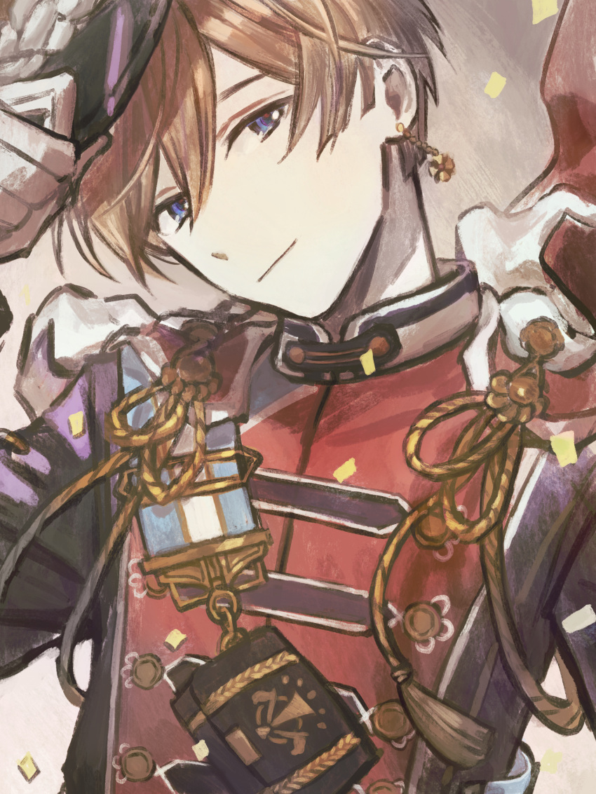 1boy, black_jacket, blue_eyes, brown_hair, closed_mouth, cnzatsu8, earrings, formal