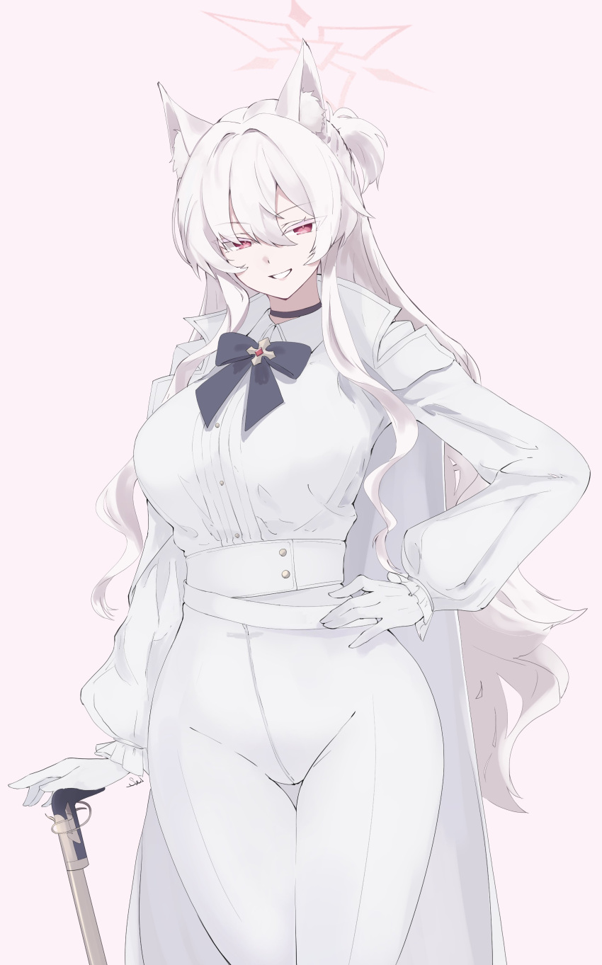1girl, absurdres, akira_(blue_archive), animal_ear_fluff, animal_ears, aya_roushi, belt, black_bow, black_bowtie, black_choker, blue_archive, bow, bowtie, brooch, cane_gun, cape, cat_ears, choker, collared_shirt, colored_eyelashes, commentary_request, gloves, grin, gun, halo, hand_on_own_hip, highres, holding, holding_gun, holding_weapon, jewelry, long_hair, pants, red_eyes, shirt, shirt_tucked_in, smile, solo, weapon, white_belt, white_cape, white_gloves, white_hair, white_pants, white_shirt