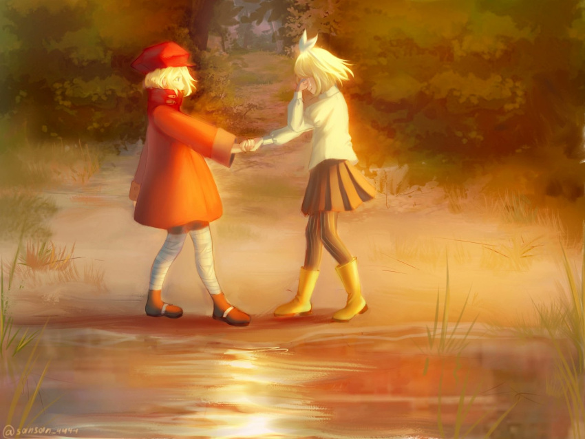 arte_(evillious_nendaiki), bandaged_leg, bandages, black_skirt, blonde_hair, blouse, boots, bow, brown_footwear, bush, cabbie_hat, chaban_capriccio_(vocaloid), crying, evillious_nendaiki, foliage, forest, grass, green_eyes, happy_tears, hat, high_collar, highres, holding_hands, jacket, juliet_sleeves, kagamine_rin, lilith_baldured, long_jacket, long_sleeves, nature, orange_theme, pantyhose, pleated_skirt, pond, puffy_sleeves, red_headwear, red_jacket, reincarnation, sansan_4444, shirt, short_hair, skirt, smile, streaming_tears, striped, striped_pantyhose, sunset, tears, tree, twitter_username, vocaloid, white_bow, white_shirt, wide_sleeves, wiping_tears, yellow_footwear