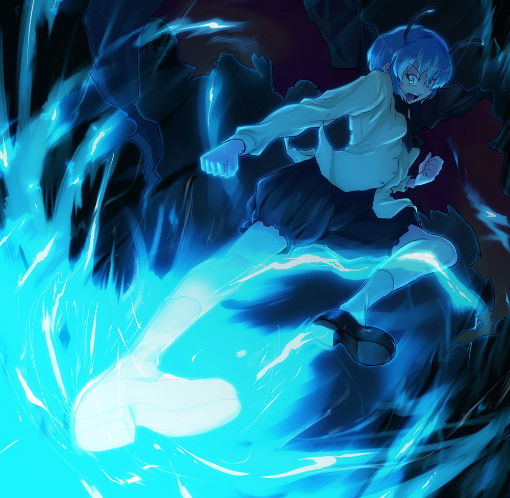antenna, blue, cape, flying_kick, green_eyes, green_hair, inazuma_kick, kicking