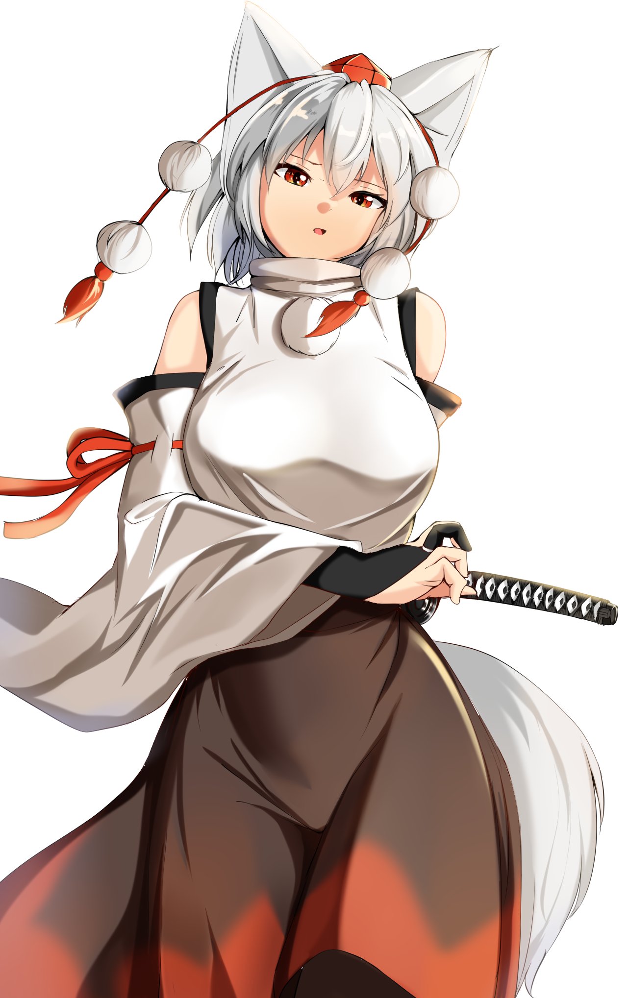 1girl, animal_ears, bare_shoulders, black_skirt, breasts, hat, highres, imai_kusu