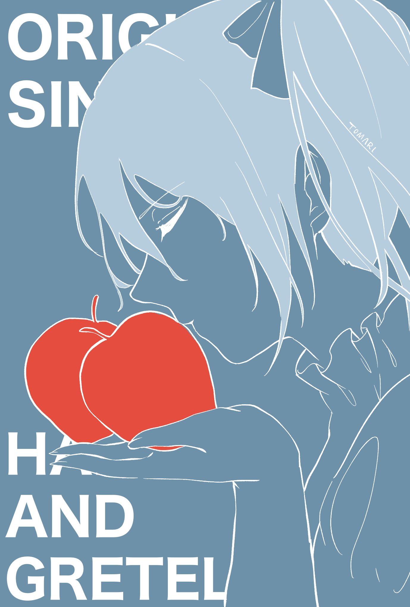 1girl, apple, aqua_background, artist_name, blue_hair, character_name, closed_eyes, collar