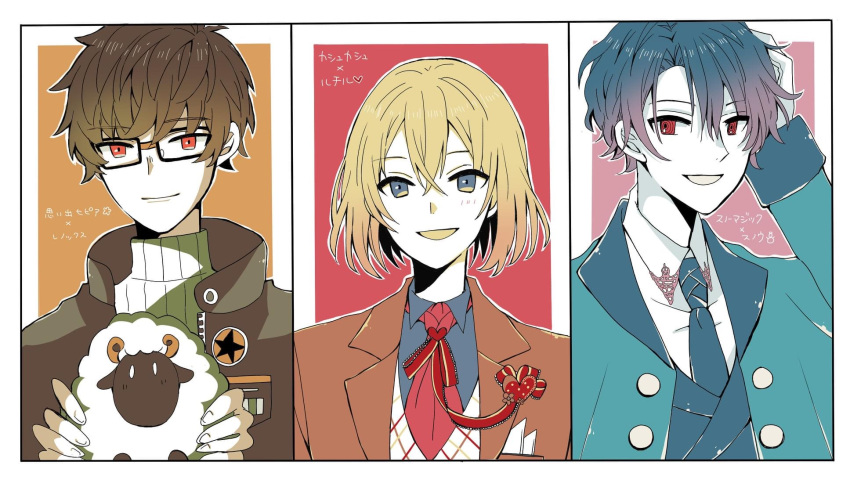 3boys, aprari, black_hair, blonde_hair, blush, border, brown_eyes, brown_hair