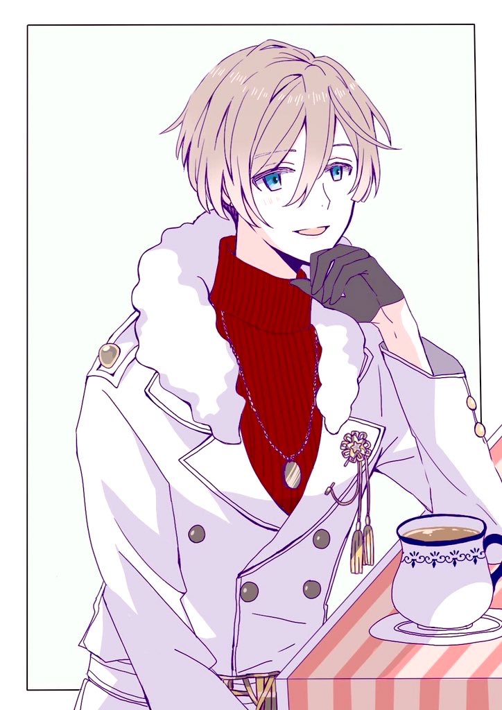 1boy, aprari, black_gloves, blue_eyes, border, coat, gloves, gold_necklace