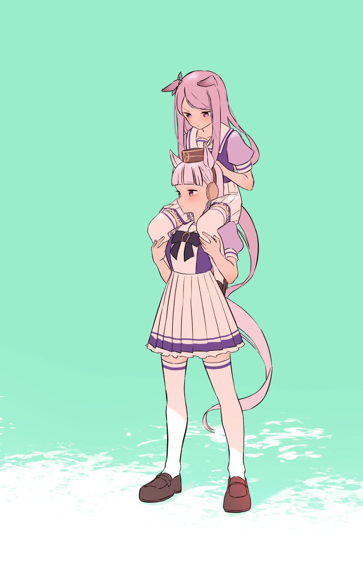 2girls, animal_ears, bow, bowtie, breasts, brown_footwear, brown_headwear, carrying