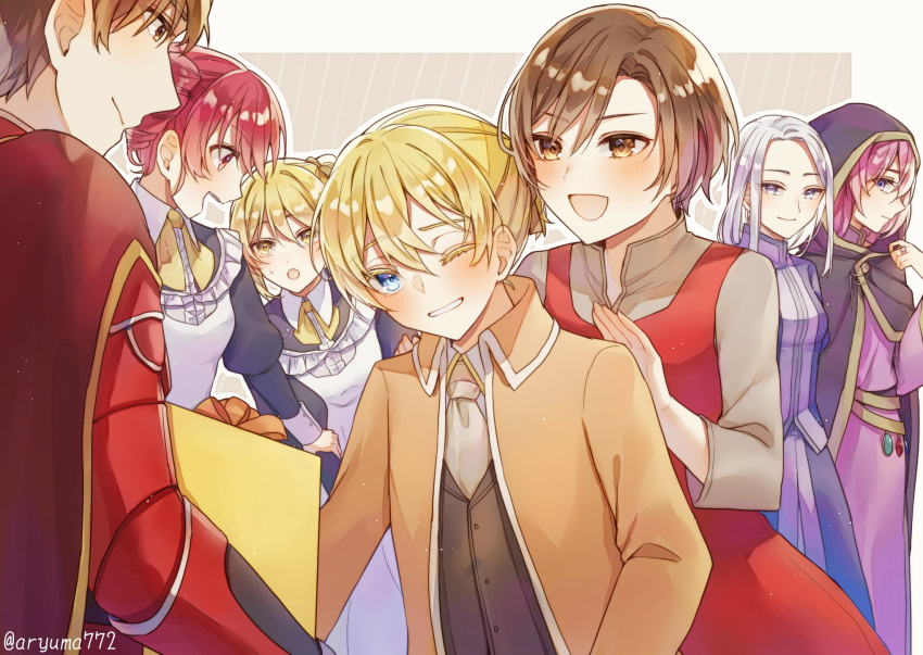 2boys, 5girls, ;d, akita_neru, aku_no_meshitsukai_(vocaloid), allen_avadonia, anniversary, apron