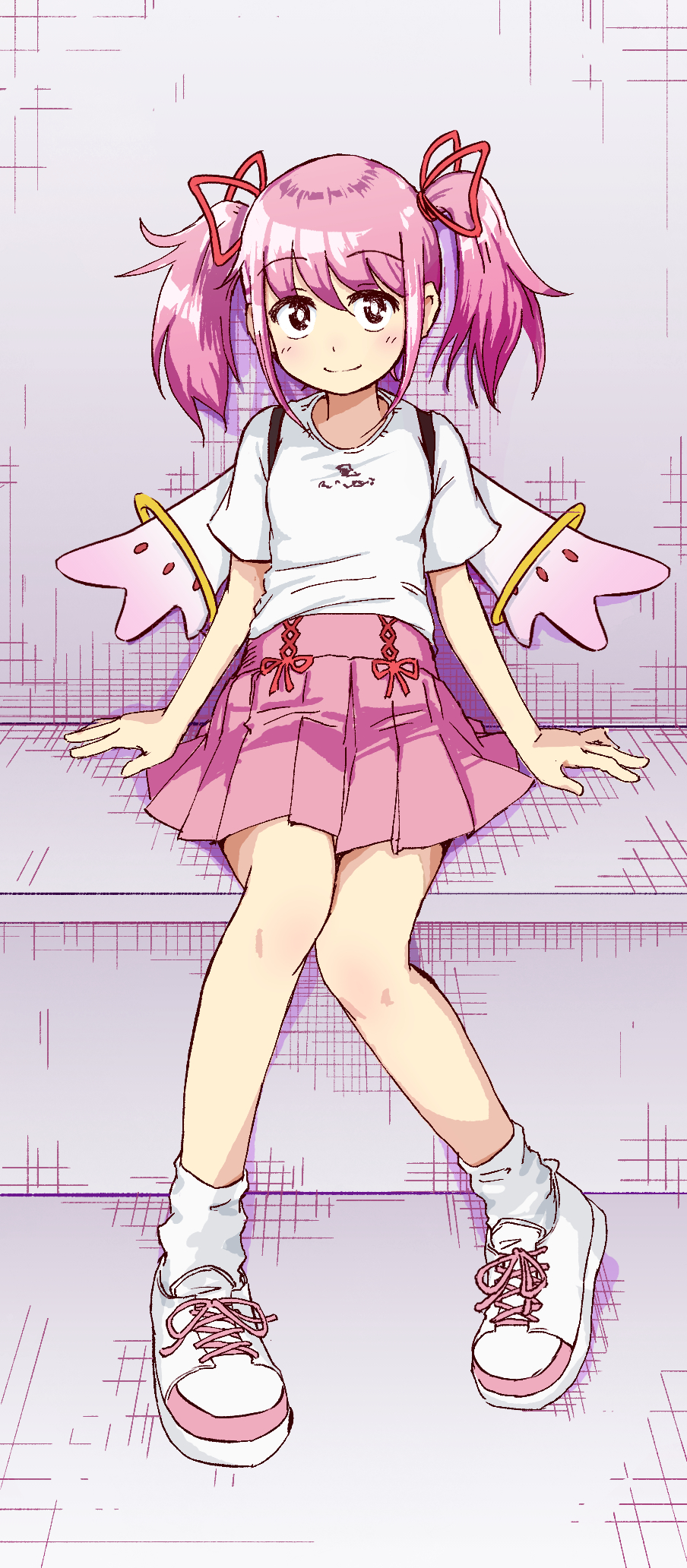 1girl, alternate_eye_color, ankle_socks, backpack, bag, black_eyes, bright_pupils, casual