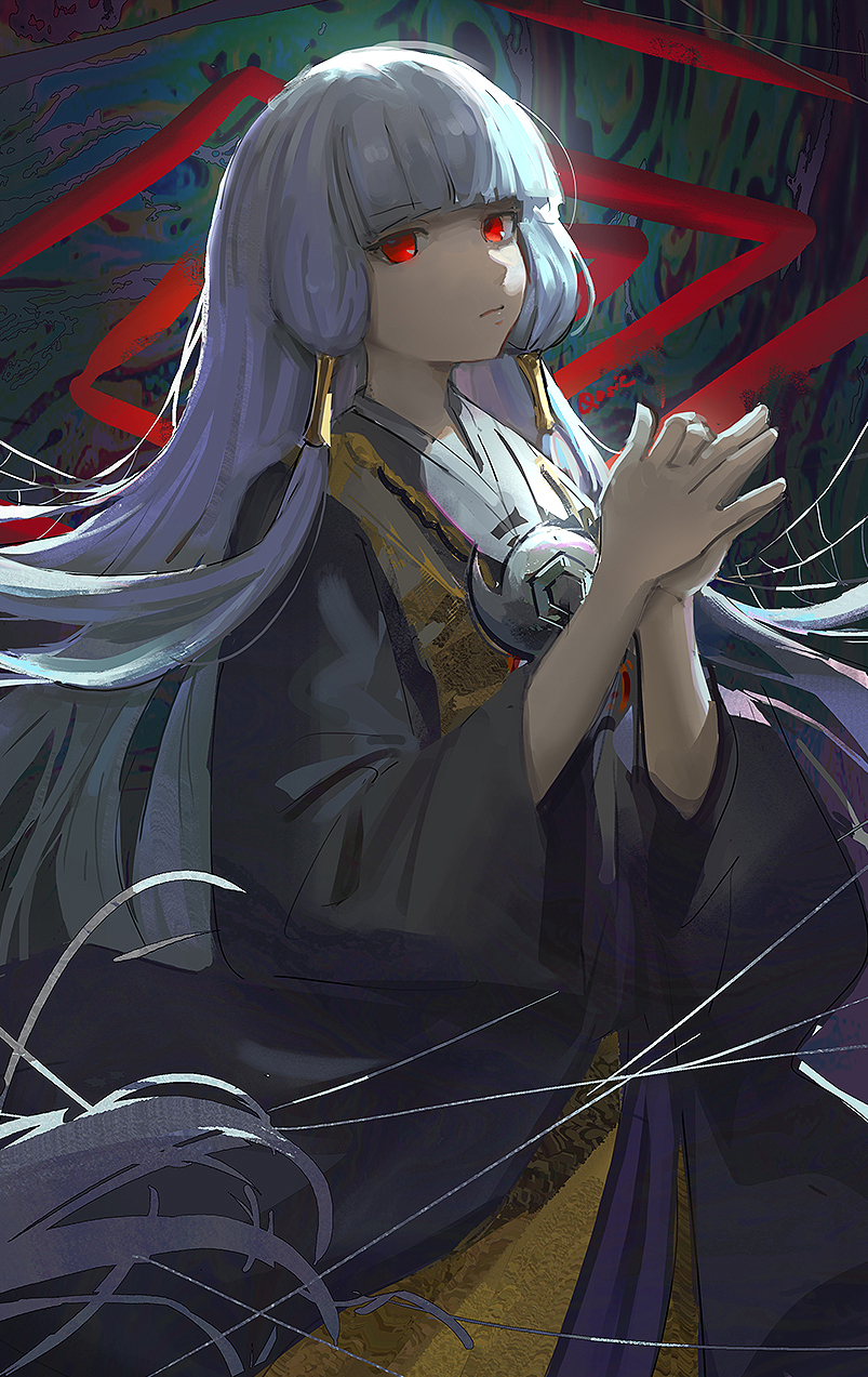 1girl, artist_name, grey_hair, hair_tubes, highres, japanese_clothes, kimono, long_hair