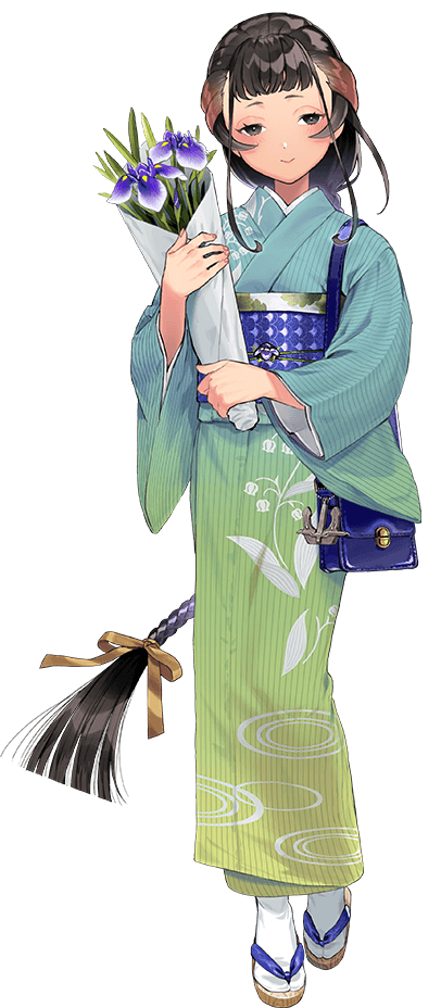1girl, black_eyes, black_hair, blue_kimono, bouquet, braid, brown_hair, full_body
