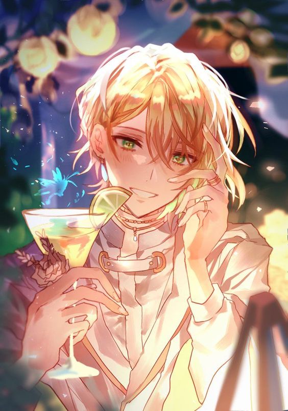 1boy, alcohol, androgynous, blonde_hair, cocktail_glass, cup, drinking_glass, green_eyes