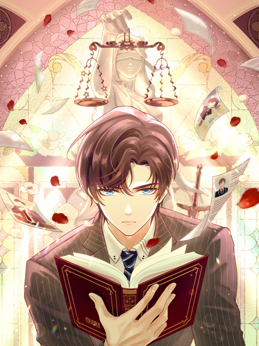1boy, absurdres, artem_wing_(tears_of_themis), bare_shoulders, bel_3001, black_jacket, blue_eyes, blue_necktie