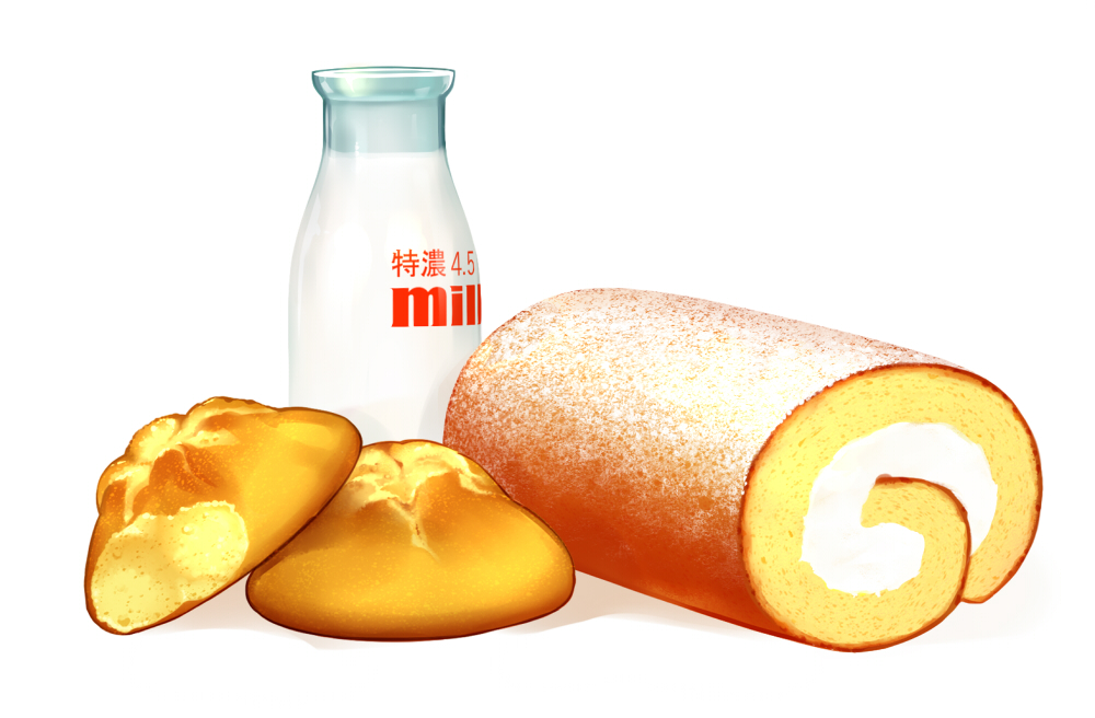 bottle, cake, food, food_focus, food_request, milk, milk_bottle, no_humans, original, shadow, simple_background, still_life, swiss_roll, tokie_(tokie-mizu), white_background
