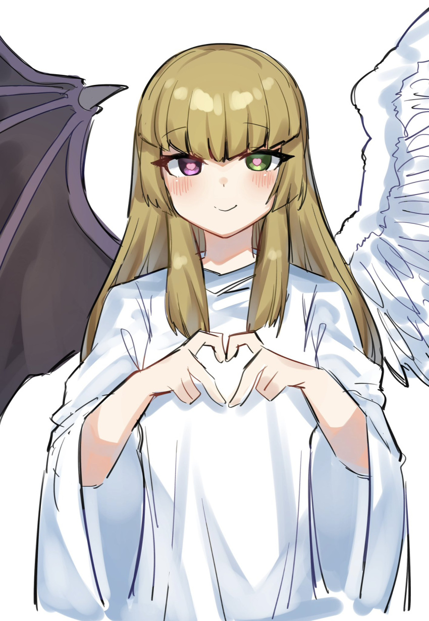 1girl, angel_wings, blush, brown_hair, change_of_heart, demon_wings, duel_monster, feathered_wings