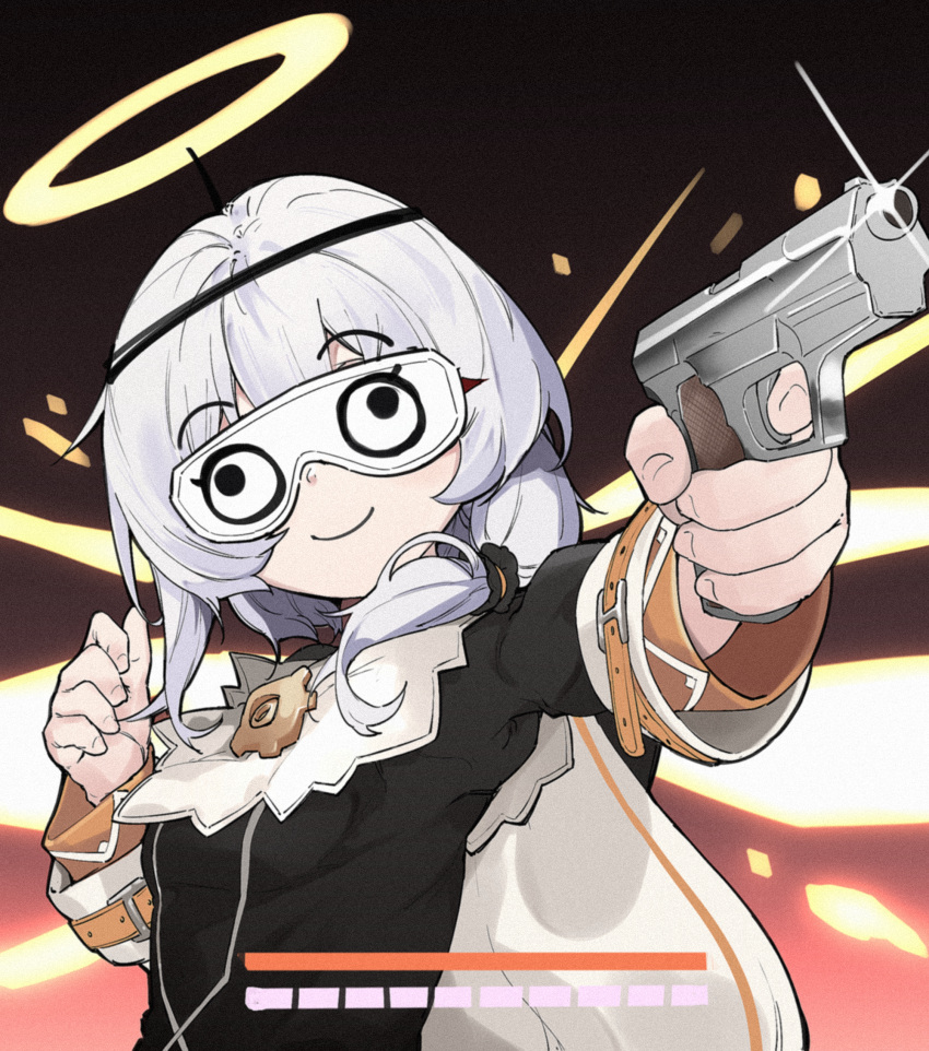 1girl, adapted_costume, aiming_at_viewer, arknights, black_dress, closed_mouth, crossover, dress