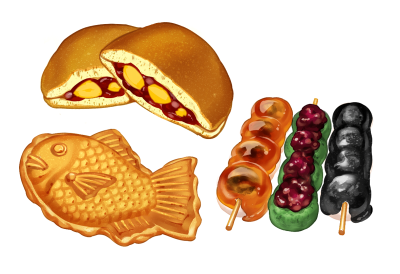 dango, dorayaki, food, food_focus, mitarashi_dango, no_humans, original, simple_background