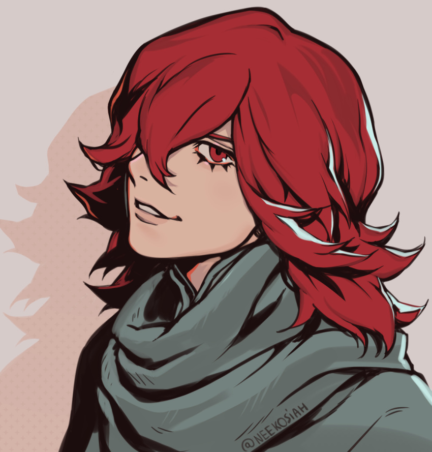 1boy, cloak, digital_devil_saga, eyelashes, grey_background, grey_cloak, hair_between_eyes, hair_over_one_eye