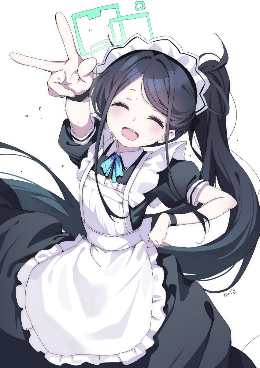 1girl, apron, aris_(blue_archive), aris_(maid)_(blue_archive), black_hair, blue_archive, closed_eyes, halo