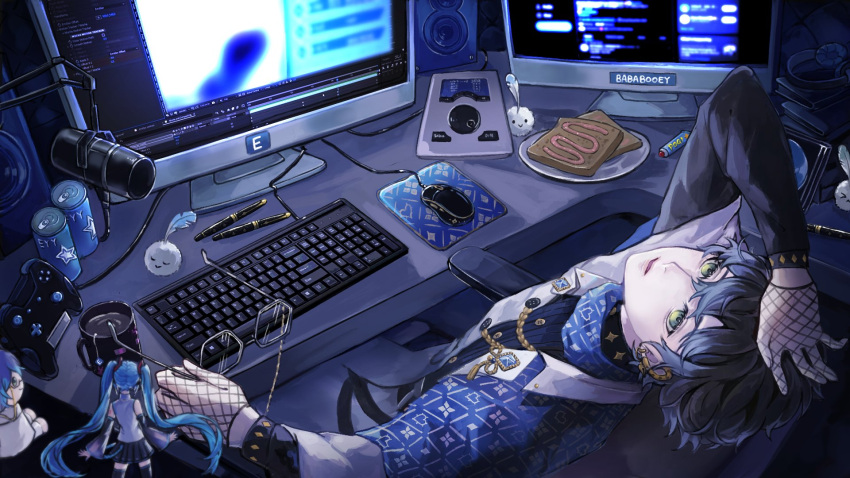1boy, blue_hair, chair, commentary_request, controller, desk, earrings, english_commentary
