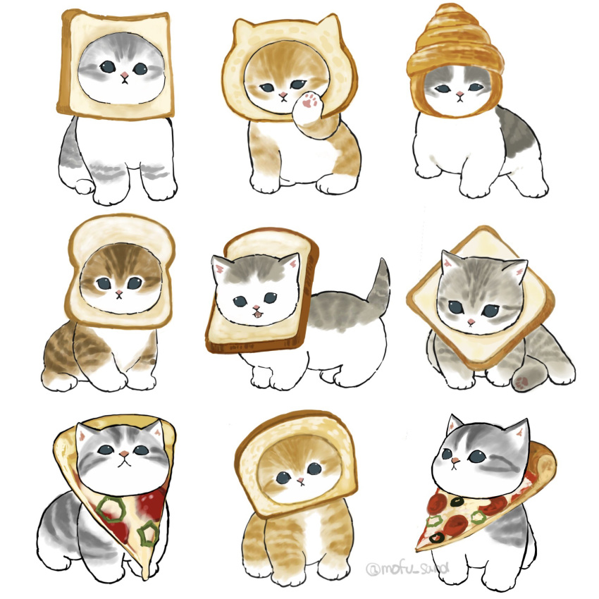animal_focus, artist_name, blue_eyes, bread, cat, closed_mouth, croissant, food