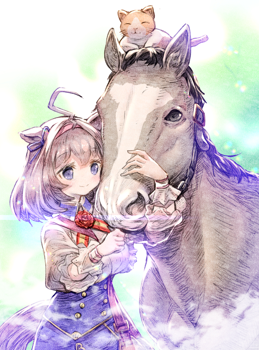 1girl, ahoge, animal_ears, brown_hair, cat, commentary_request, creature_and_personification, ear_ribbon