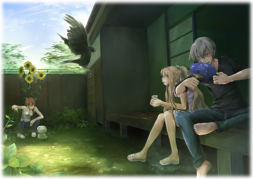 2girls, air, backyard, bare_shoulders, barefoot, bird, blonde_hair, brown_hair