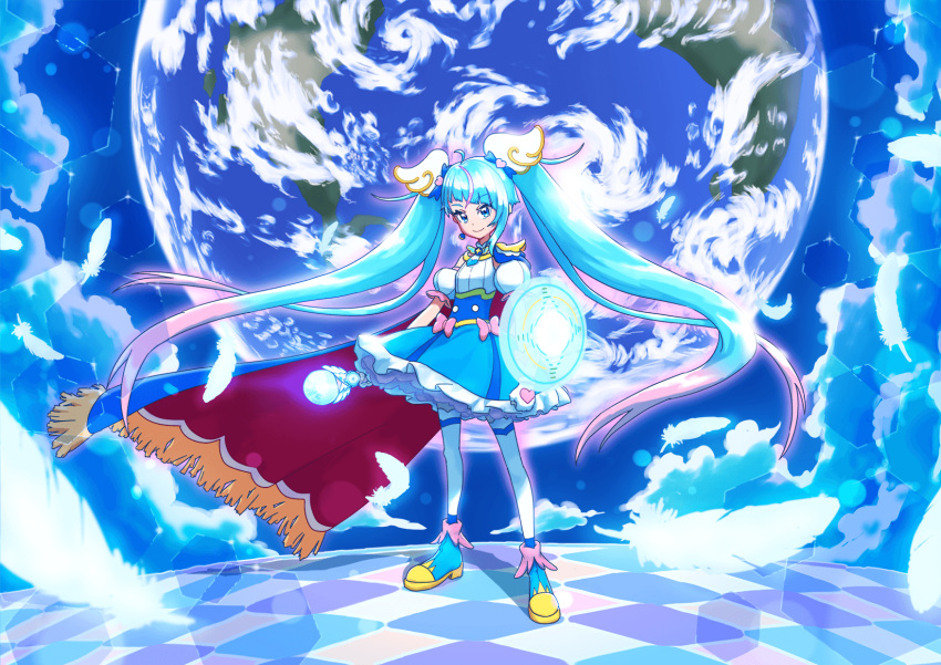 1girl, ahoge, ankle_boots, blue_cape, blue_dress, blue_eyes, blue_footwear, blue_hair