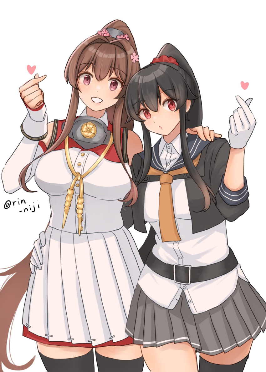 2girls, black_hair, black_thighhighs, blue_sailor_collar, breasts, brown_hair, detached_sleeves, flower