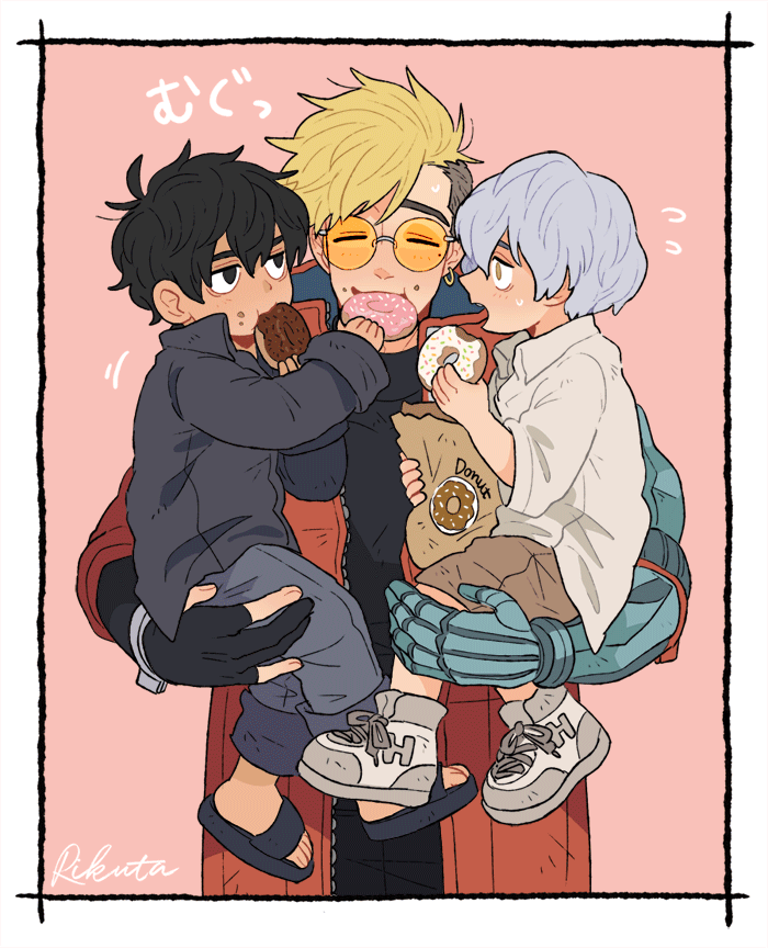 3boys, =_=, aged_down, bag, black_footwear, black_gloves, black_hair, black_shirt