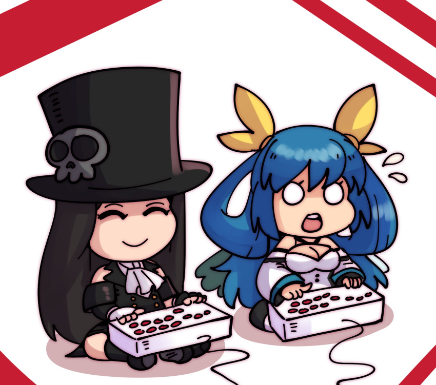 1girl, 1other, arcade_stick, ascot, blue_hair, chibi, closed_eyes, controller