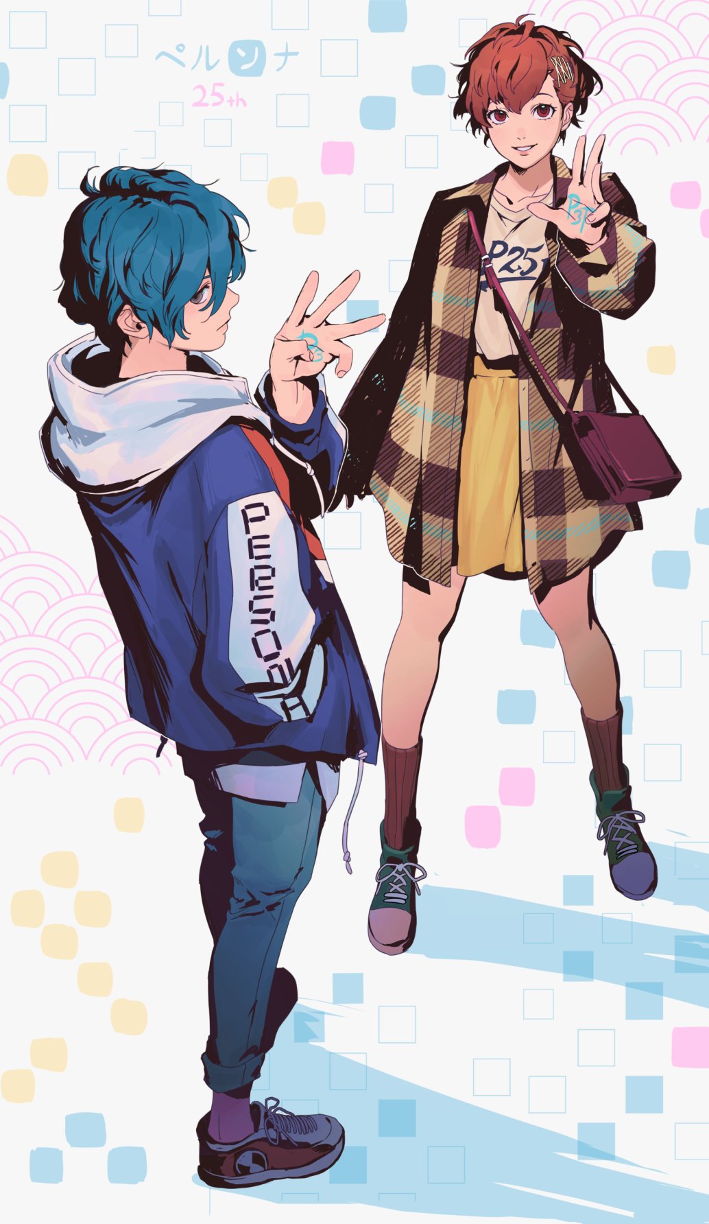 1boy, 1girl, anniversary, blue_eyes, blue_hair, body_writing, brown_hair, closed_mouth