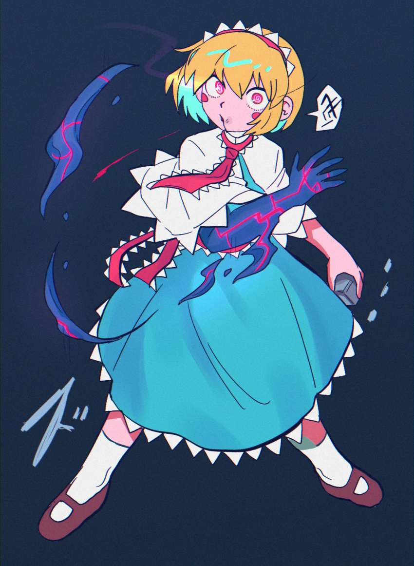 1girl, @_@, alice_margatroid, blonde_hair, blue_dress, blush_stickers, bois_de_justice, brown_footwear