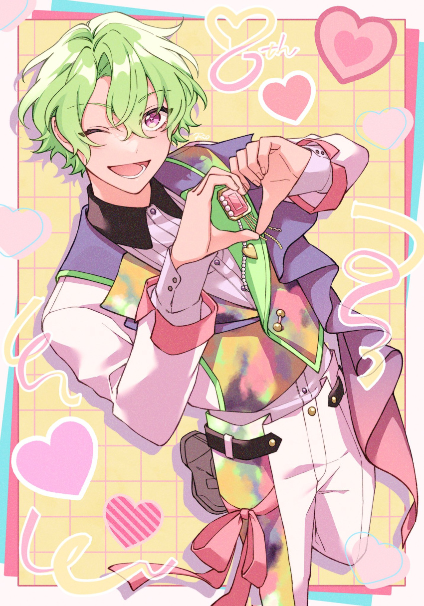 1boy, buttons, collared_shirt, commentary, ensemble_stars!, green_hair, heart, heart_hands, highres, long_sleeves, lower_teeth_only, male_focus, mcopoon, one_eye_closed, open_mouth, red_ribbon, ribbon, shirt, short_hair, solo, teeth, tomoe_hiyori, violet_eyes