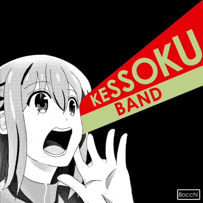 1girl, album_cover, album_cover_redraw, band, black_background, bocchi_the_rock!, brand_name_imitation, btr, cover, derivative_work, english_text, franz_ferdinand_(band), gotou_hitori, greyscale, group_name, highres, monochrome, open_mouth, rizal_yoshida, you_could_have_it_so_much_better