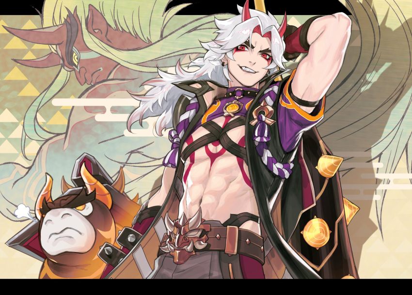 1boy, =3, abs, animal, arataki_itto, arm_up, belt, bodypaint