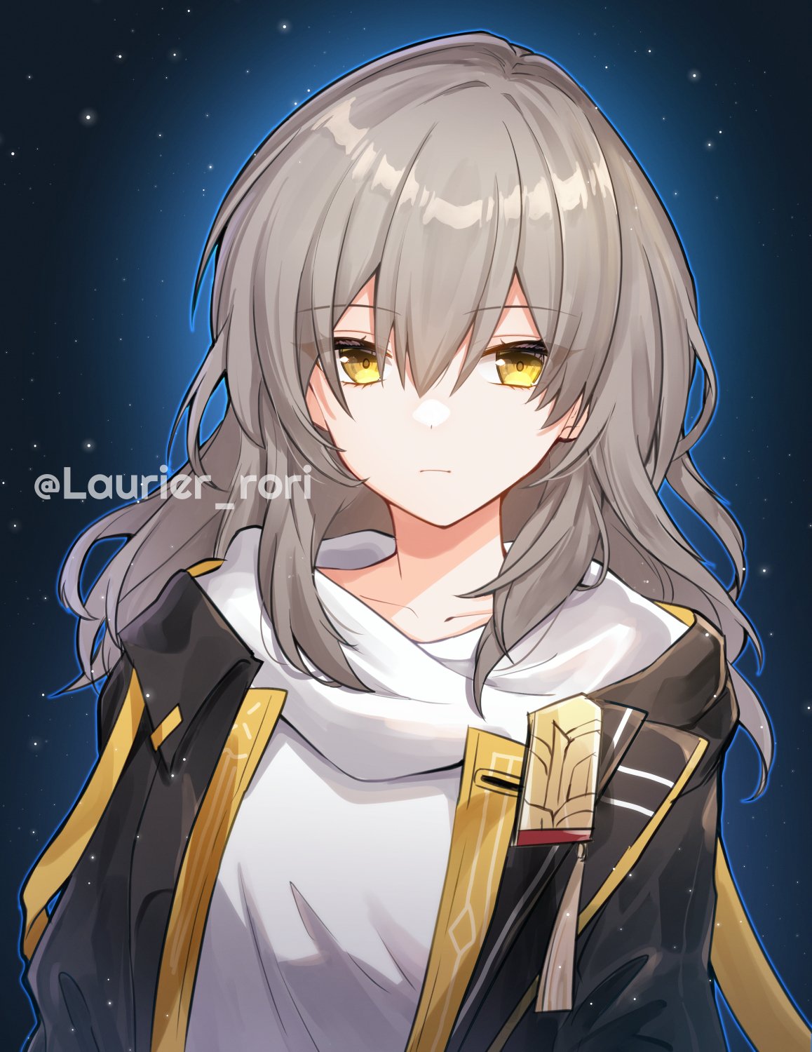 black_jacket, breasts, grey_hair, highres, honkai:_star_rail, honkai_(series), jacket, medium_hair, rori_(tukiguri), shirt, small_breasts, stelle_(honkai:_star_rail), trailblazer_(honkai:_star_rail), twitter_username, white_shirt, yellow_eyes