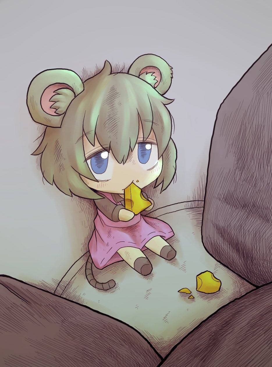 1girl, animal_ear_fluff, animal_ears, bags_under_eyes, blue_eyes, cheese, chibi, commentary