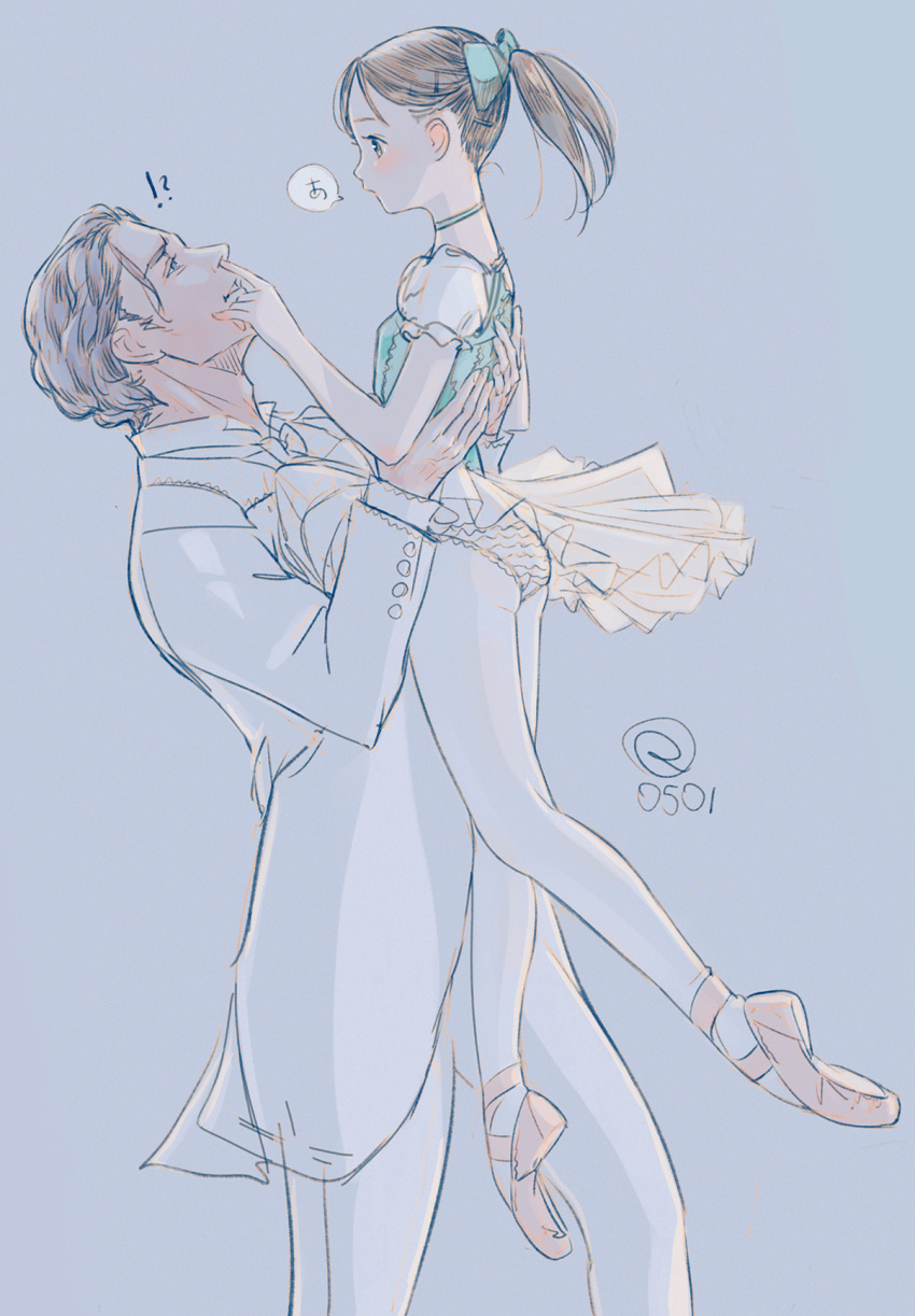 !?, 1boy, 1girl, age_difference, ballerina, ballet, ballet_slippers, blush, bow, choker, feet_out_of_frame, finger_in_another's_nose, full_body, hair_bow, highres, kokudou_juunigou, leotard, lifting_person, limited_palette, looking_at_another, medium_hair, original, pantyhose, ponytail, profile, short_sleeves, simple_background, sketch, tutu