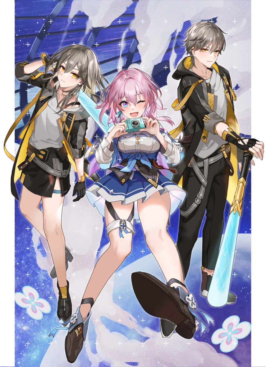 1boy, 2girls, anzu0130, baseball_bat, black_footwear, black_gloves, black_jacket, black_pants