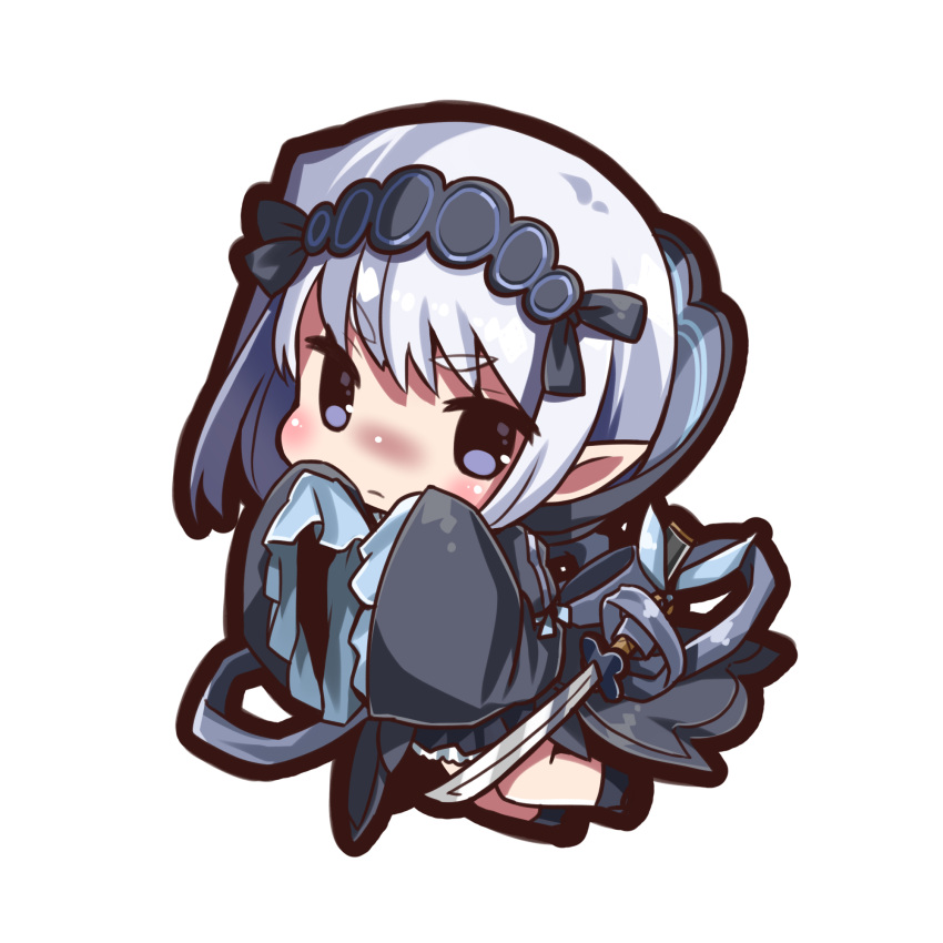 1girl, black_footwear, chibi, closed_mouth, frilled_sleeves, frills, hairband, high_collar, highres, holding, holding_sword, holding_weapon, kogarasumaru_(tenka_hyakken), light_purple_hair, long_sleeves, ninjinshiru, pointy_ears, short_hair, skirt, sleeves_past_fingers, sleeves_past_wrists, solo, sword, tachi_(weapon), tenka_hyakken, thick_eyebrows, transparent_background, v-shaped_eyebrows, violet_eyes, weapon