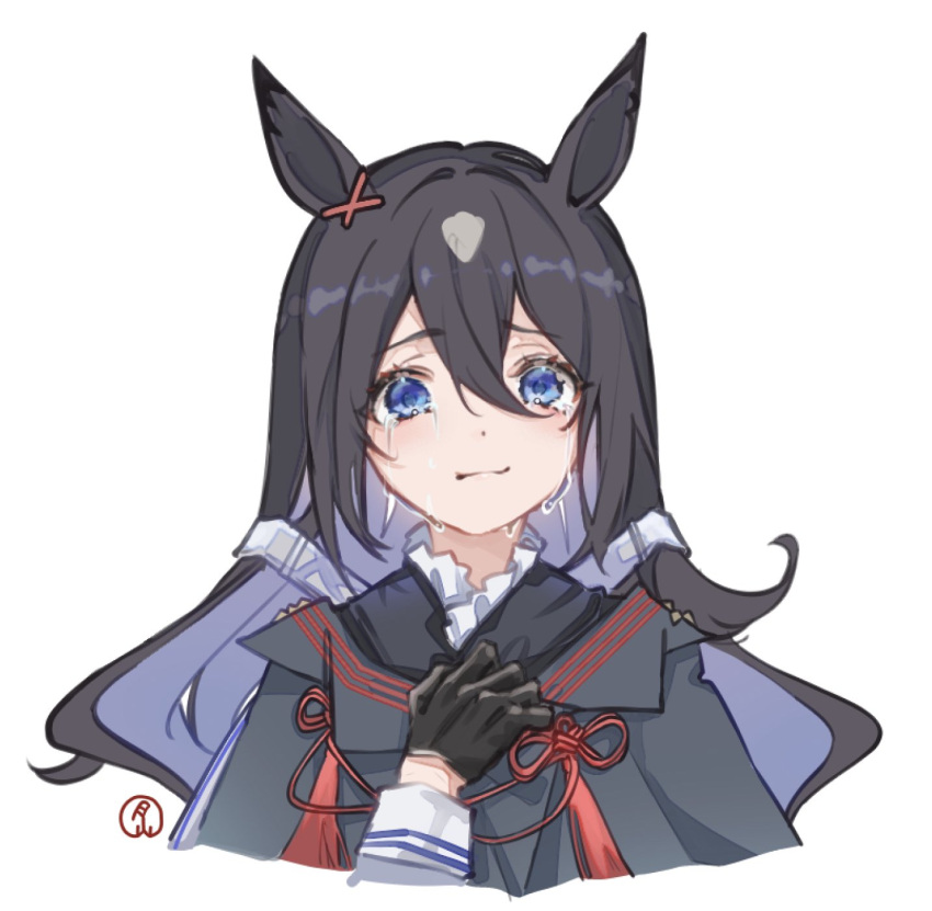 1girl, animal_ears, black_hair, blue_eyes, character_request, closed_mouth, commentary, crying, crying_with_eyes_open, gassan_aya, gloves, hair_between_eyes, hair_ornament, highres, horse_ears, horse_girl, long_hair, original, portrait, simple_background, solo, symbol-only_commentary, tears, umamusume, white_background, x_hair_ornament