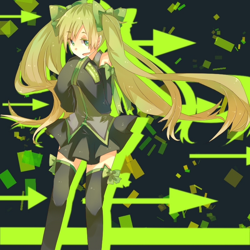 alternate_color, bad_id, bow, ck, detached_sleeves, directional_arrow, green_eyes, hair_bow, hatsune_miku, long_hair, skirt, solo, thigh-highs, thighhighs, twintails, very_long_hair, vocaloid