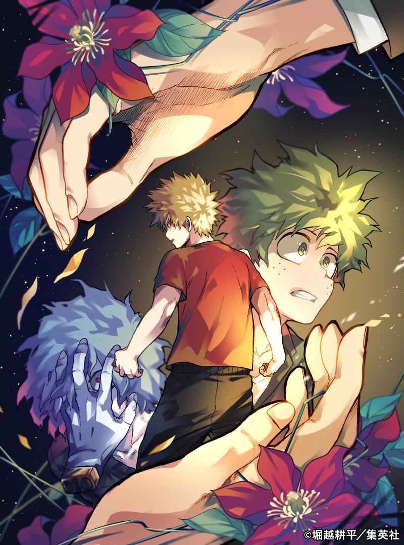 4boys, all_for_one_(boku_no_hero_academia), artist_name, bakugou_katsuki, black_background, black_jacket, black_outline, black_pants