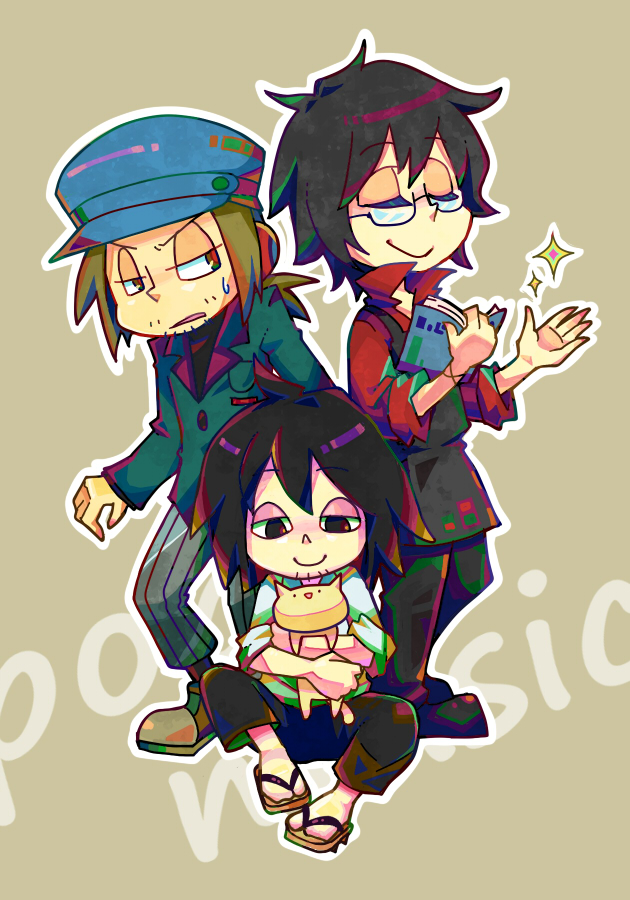 3boys, alphonse_michel, animal, apron, black_apron, blue_headwear, book, brown_eyes