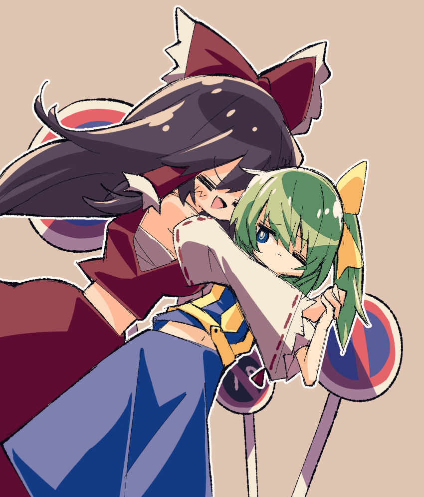 ascot, blue_eyes, blue_skirt, blue_vest, bow, cho_cola_star, closed_eyes, cookie_(touhou), daiyousei, detached_sleeves, diyusi_(cookie), frilled_bow, frilled_hair_tubes, frills, green_hair, hair_tubes, hakurei_reimu, happy, high-visibility_vest, highres, holding_hands, hug, looking_at_another, no_parking_sign, noel_(cookie), offside:_diyusi, one_eye_closed, ponytail, red_shirt, red_skirt, road_sign, sarashi, shirt, sign, simple_background, skirt, sleeveless, smile, touhou, traffic_baton, vest, white_sleeves, yellow_ascot, yellow_bow