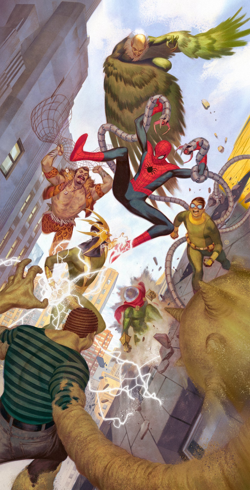 6+boys, absurdres, blue_sky, brown_hair, building, city, doctor_octopus, electricity