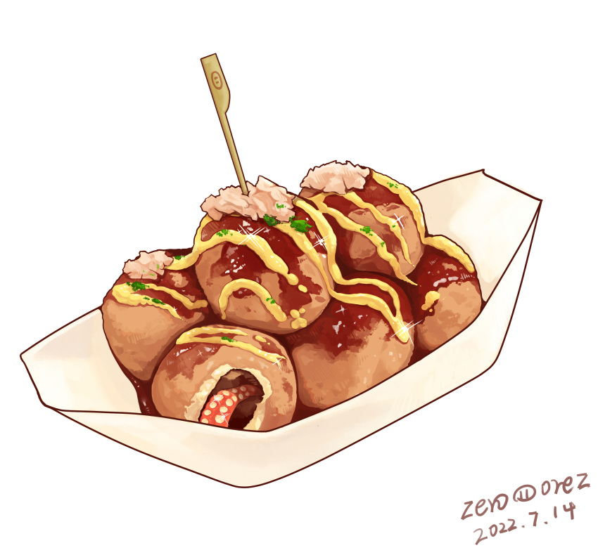 absurdres, artist_name, dated, food, food_focus, highres, no_humans, original, realistic, sauce, signature, simple_background, sparkle, still_life, takoyaki, toothpick, white_background, zeroorez